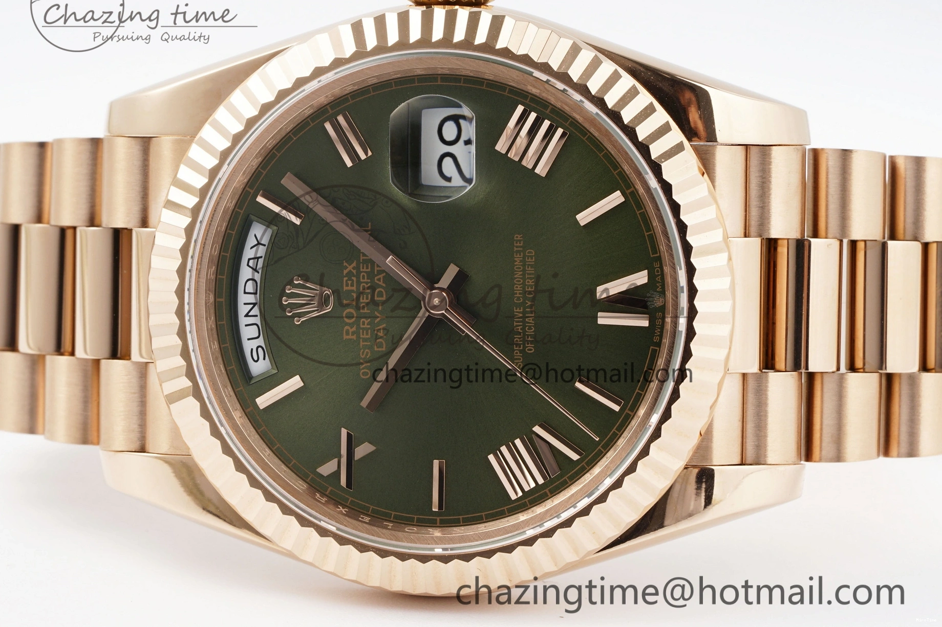 MiroTime 0516 DayDate 40 RG JDF Gain Weight 904L Steel Green Dial Roman Markers on President Bracelet A2836 V Trendsetting 1816